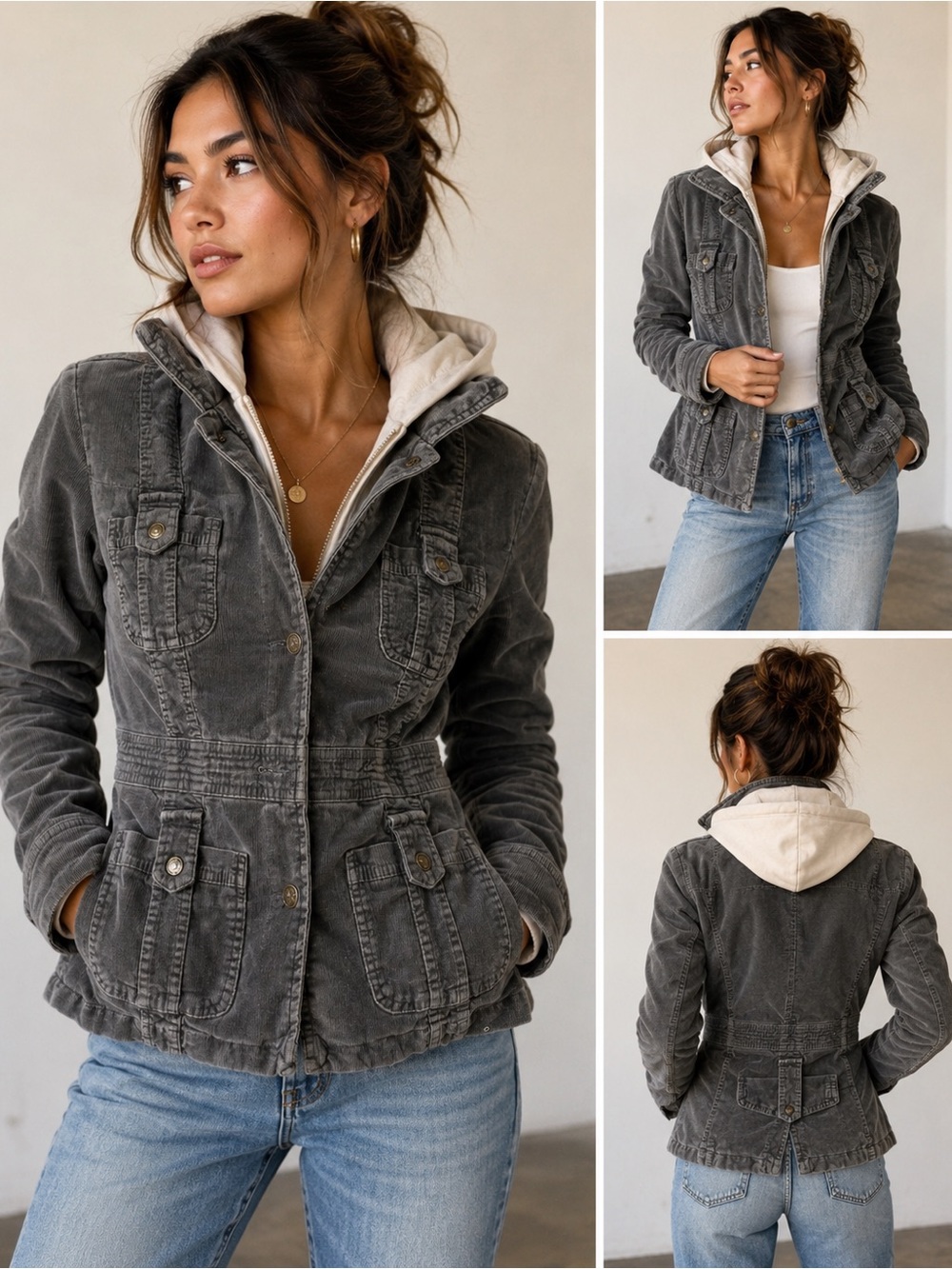 Vintage Y2K For Joseph Fortune Gray Corduroy Utility Jacket mixed media S